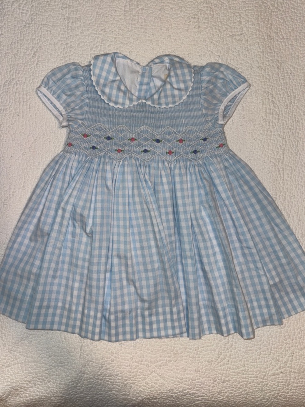 EUC TBBC Classic Blue Gingham Smocked Dress With Flowers Size 2T